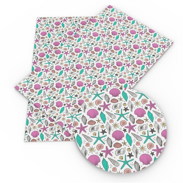 Sea Shells Printed Litchi Printed Faux Leather Sheet FeeFiFauxLeather