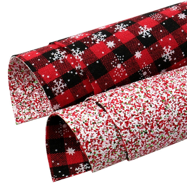 Buffalo Plaid with Red Glitter Double Sided Pattern Faux Leather Sheet FeeFiFauxLeather