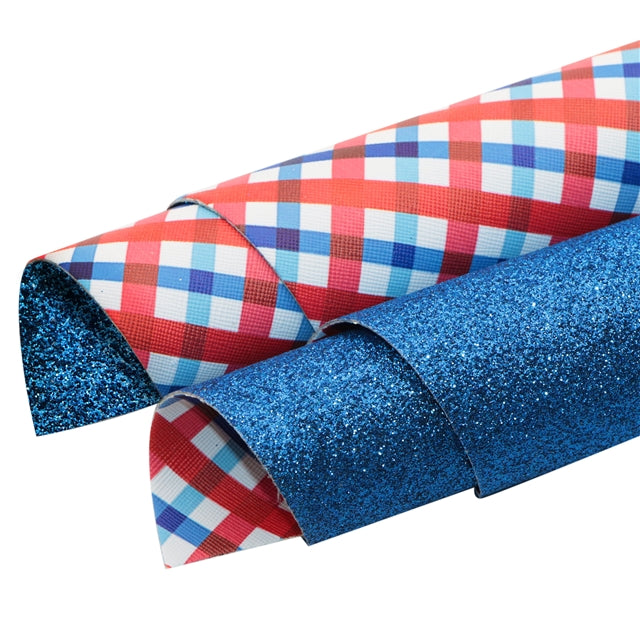 Red, White and Blue Plaid Glitter Double Sided Printed Leather Sheet FeeFiFauxLeather
