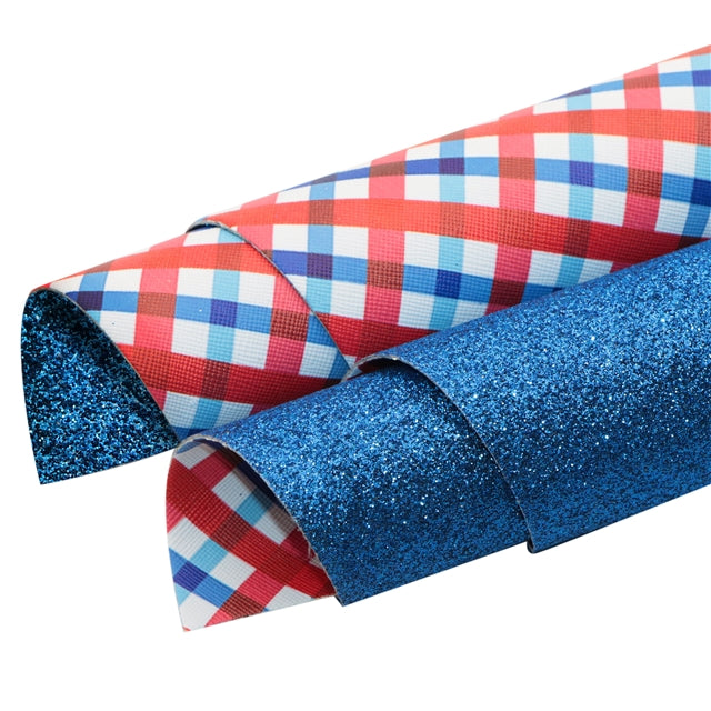 Red, White and Blue Plaid Glitter Double Sided Pattern Printed Faux Leather Sheet