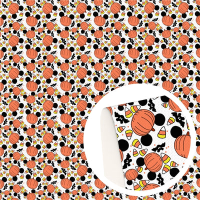Candy Corn Mickey Pumpkins Halloween Litchi Printed Faux Leather Sheet Litchi has a pebble like feel with bright colors