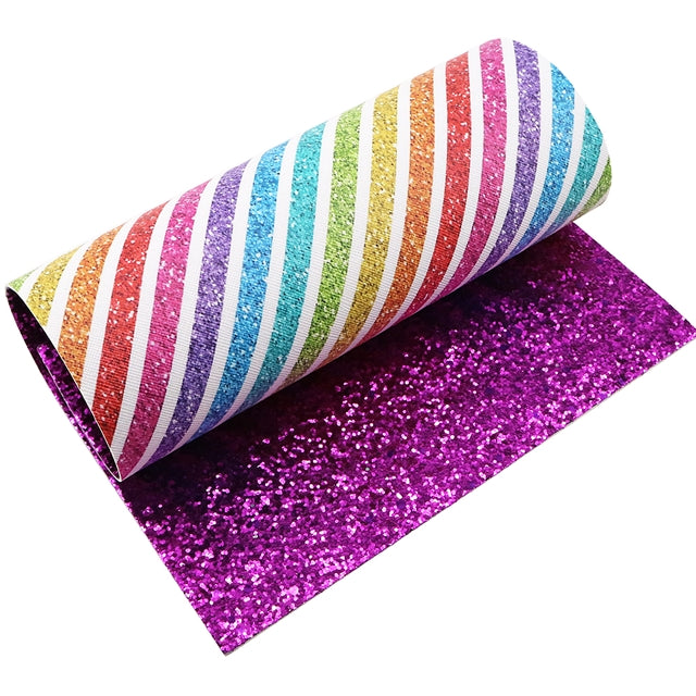 Rainbow Stripes Glitter Double Pattern Faux Leather Sheet FeeFiFauxLeather