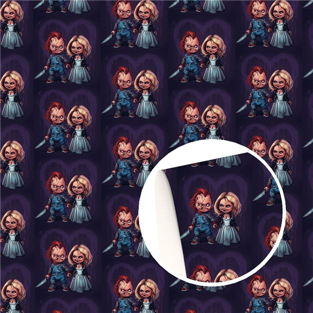 Chucky and Bride Halloween Scary Movie Characters Smooth Printed Faux Leather Sheet FeeFiFauxLeather
