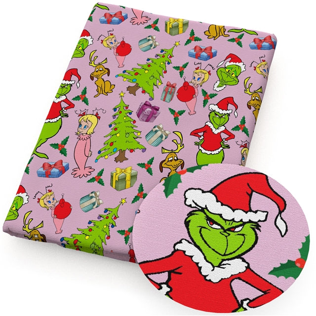 The Grinch Christmas Litchi Printed Faux Leather Sheet Litchi has a pebble like feel with bright colors FeeFiFauxLeather