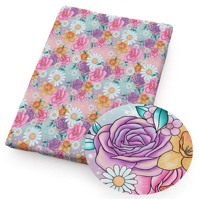 Flowers Colorful Print Litchi Printed Faux Leather Sheet Litchi has a pebble like feel with bright colors