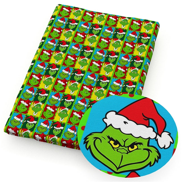 The Grinch Christmas  Litchi Printed Faux Leather Sheet Litchi has a pebble like feel with bright colors