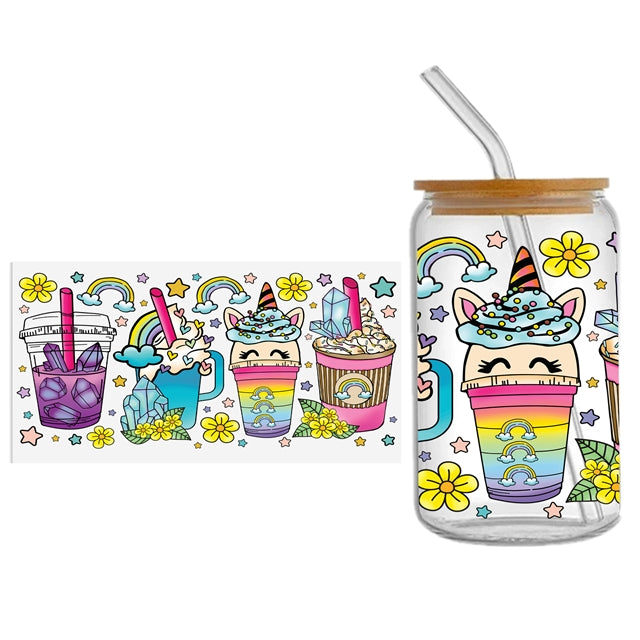 Unicorn Rainbow Coffee UV DTF Glass Can Wrap for 16 oz Libbey Glass, Permanent and Ready to Apply, UV DTF Cup Wrap ready to ship, Glass Can Wrap