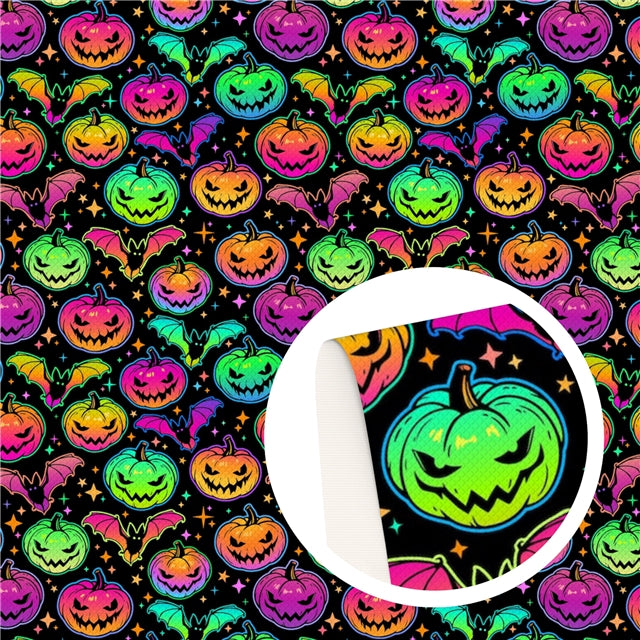 Halloween Pumpkins Litchi Printed Faux Leather Sheet Litchi has a pebble like feel with bright colors