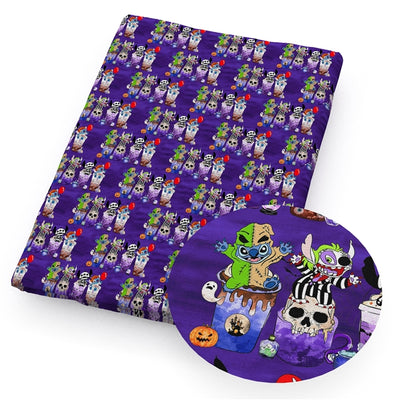 Halloween Stitch Characters Litchi Printed Faux Leather Sheet Litchi has a pebble like feel with bright colors