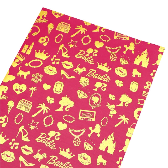 Barbie Gold Foil Printed Faux Leather Sheet Bright colors
