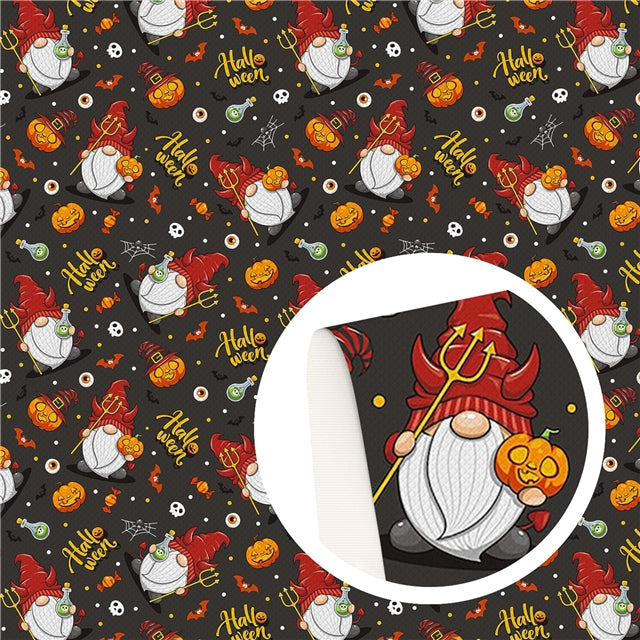 Halloween Gnomes Litchi Printed Faux Leather Sheet Litchi has a pebble like feel with bright colors