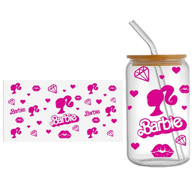 Barbie  UV DTF Glass Can Wrap for 16 oz Libbey Glass, Permanent and Ready to Apply, UV dtf Cup Wrap ready to ship, Glass Can Wrap