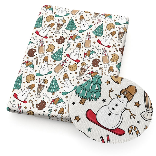 Christmas Snowman Litchi Printed Faux Leather Sheet Litchi has a pebble like feel with bright colors