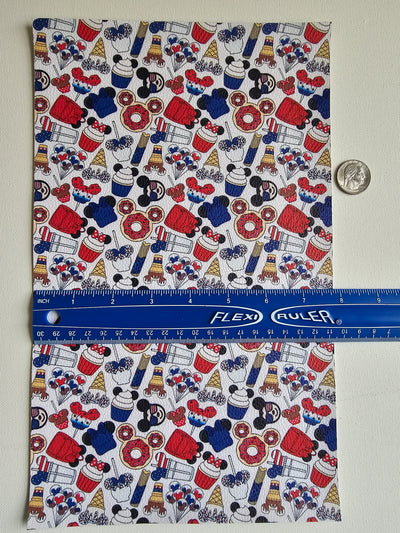 Mickey Red, White and Blue Litchi Printed Faux Leather Sheet Litchi has a pebble like feel with bright colors