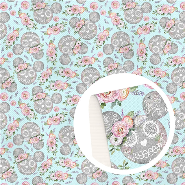 Mouse Skull Flowers Litchi Printed Faux Leather Sheet Litchi has a pebble like feel with bright colors