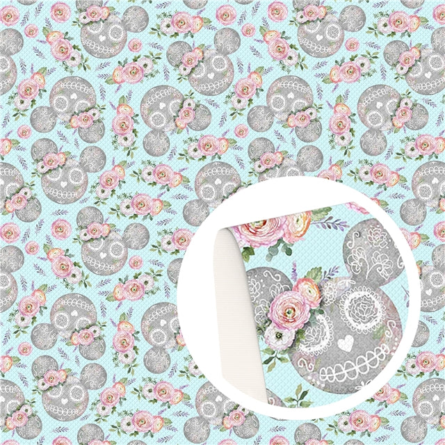 Minnie Skull Flowers Litchi Printed Faux Leather Sheet Litchi has a pebble like feel with bright colors