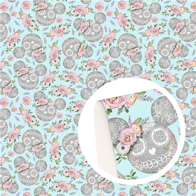 Minnie Skull Flowers Litchi Printed Faux Leather Sheet Litchi has a pebble like feel with bright colors