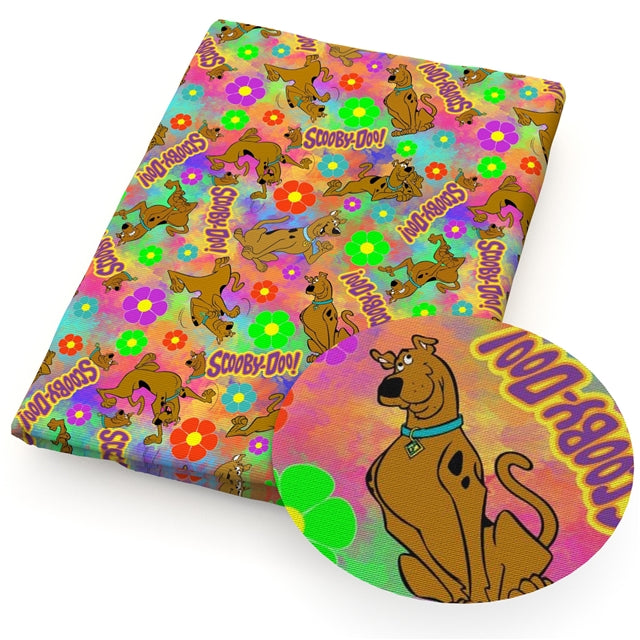 Scooby Doo Hippie Flowers Litchi Printed Faux Leather Sheet Litchi has a pebble like feel with bright colors