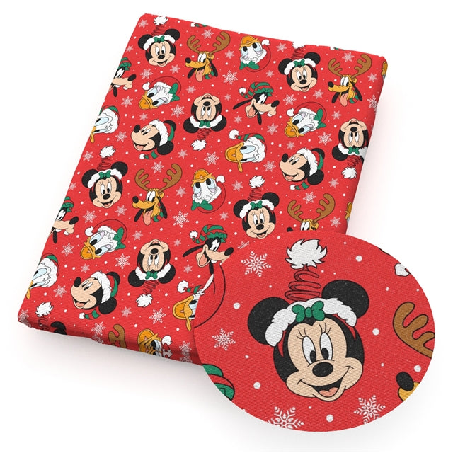 Minnie and Friends Christmas Litchi Printed Faux Leather Sheet Litchi has a pebble like feel with bright colors