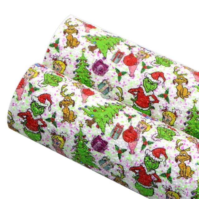 The Grinch Chunky Glitter Printed Faux Leather Sheet