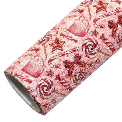 Christmas Candy Canes Chunky Glitter Printed Faux Leather Sheet