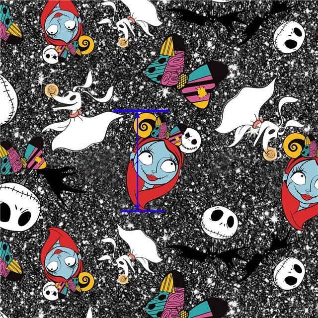 Nightmare Before Christmas Litchi Printed Faux Leather Sheet Litchi has a pebble like feel with bright colors