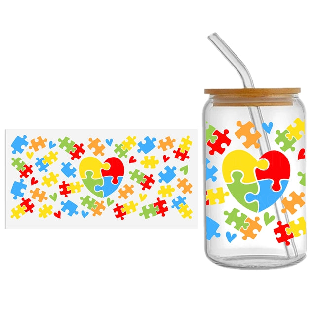 Autism UV DTF Glass Can Wrap for 16 oz Libbey Glass, Permanent and Ready to Apply, UV dtf Cup Wrap ready to ship, Glass Can Wrap