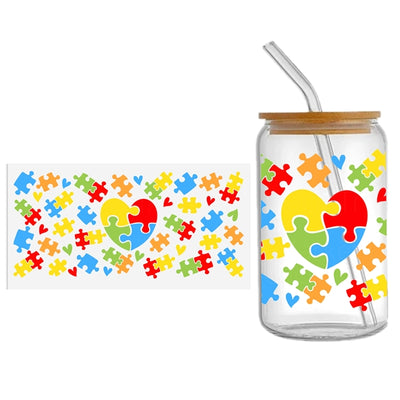 Autism UV DTF Glass Can Wrap for 16 oz Libbey Glass, Permanent and Ready to Apply, UV dtf Cup Wrap ready to ship, Glass Can Wrap