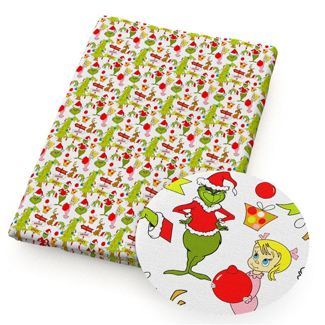 The Grinch Christmas Print Litchi Printed Faux Leather Sheet Litchi has a pebble like feel with bright colors