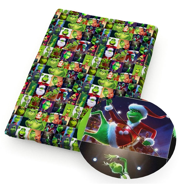 The Grinch Litchi Printed Faux Leather Sheet Litchi has a pebble like feel with bright colors