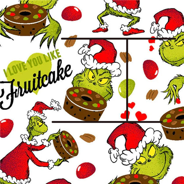 The Grinch and Fruitcake Christmas Litchi Printed Faux Leather Sheet Litchi has a pebble like feel with bright colors