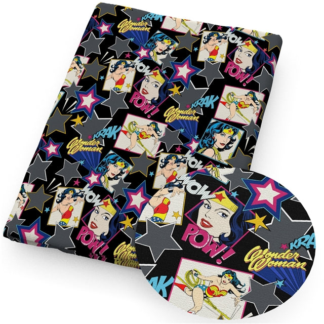 Wonder Woman Litchi Printed Faux Leather Sheet Litchi has a pebble like feel with bright colors