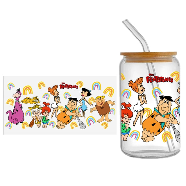 The Flintstones UV DTF Glass Can Wrap for 16 oz Libbey Glass, Permanent and Ready to Apply, UV dtf Cup Wrap ready to ship, Glass Can Wrap