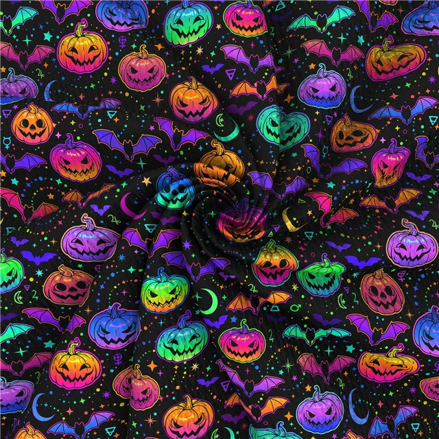 Halloween Pumpkins & Bats Bright Colors Textured Liverpool/ Bullet Fabric with a textured feel