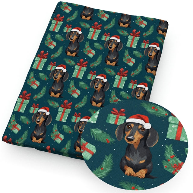 Christmas Dogs Litchi Printed Faux Leather Sheet Litchi has a pebble like feel with bright colors