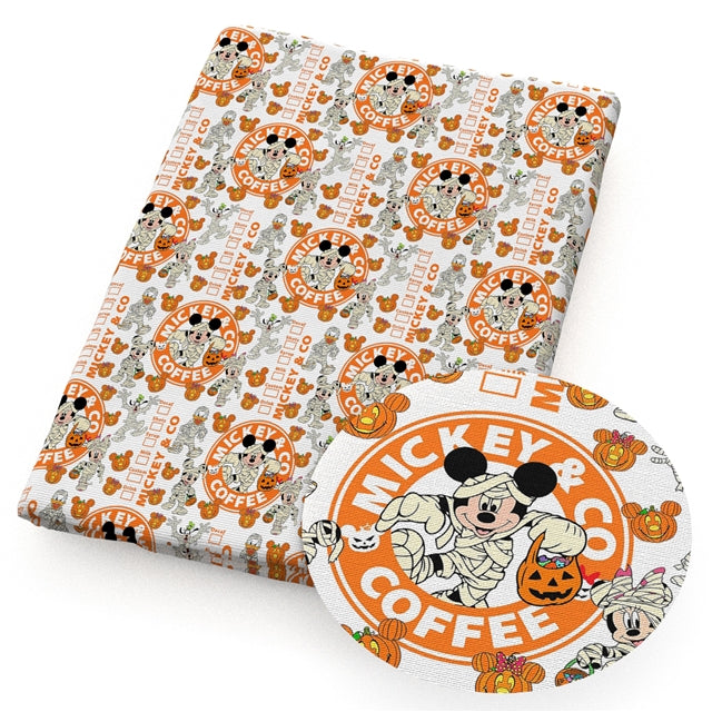 Minnie Coffee Halloween Litchi Printed Faux Leather Sheet Litchi has a pebble like feel with bright colors