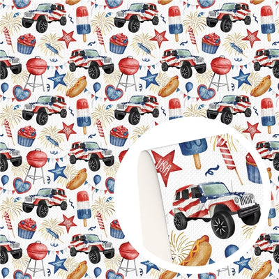 Red, White and Blue July 4th Litchi Printed Faux Leather Sheet Litchi has a pebble like feel with bright colors