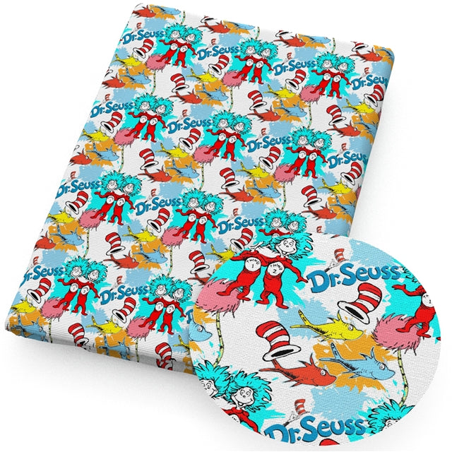 Dr Seuss Cat in The Hat Litchi Printed Faux Leather Sheet Litchi has a pebble like feel with bright colors