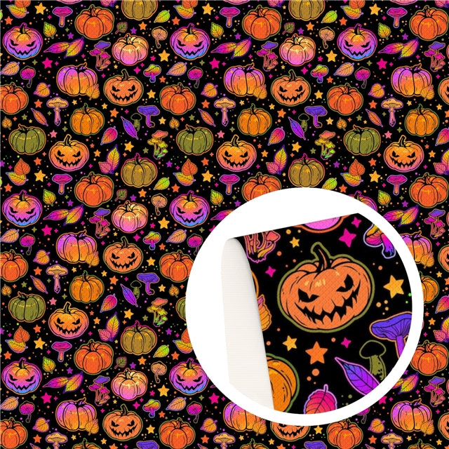 Halloween Pumpkins Fluorescent Litchi Faux Leather Sheet