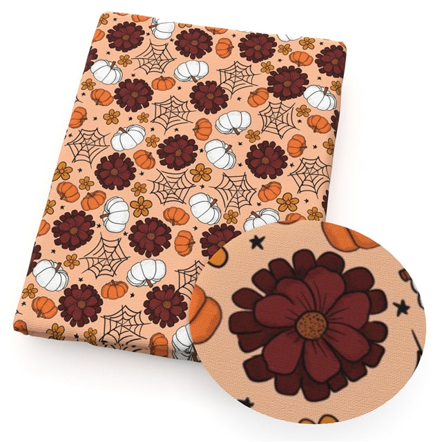 Fall Pumpkins Litchi Printed Faux Leather Sheet Litchi has a pebble like feel with bright colors