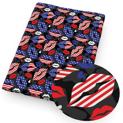 July the 4th Red, White and Blue Lips Litchi Printed Faux Leather Sheet Litchi has a pebble like feel with bright colors