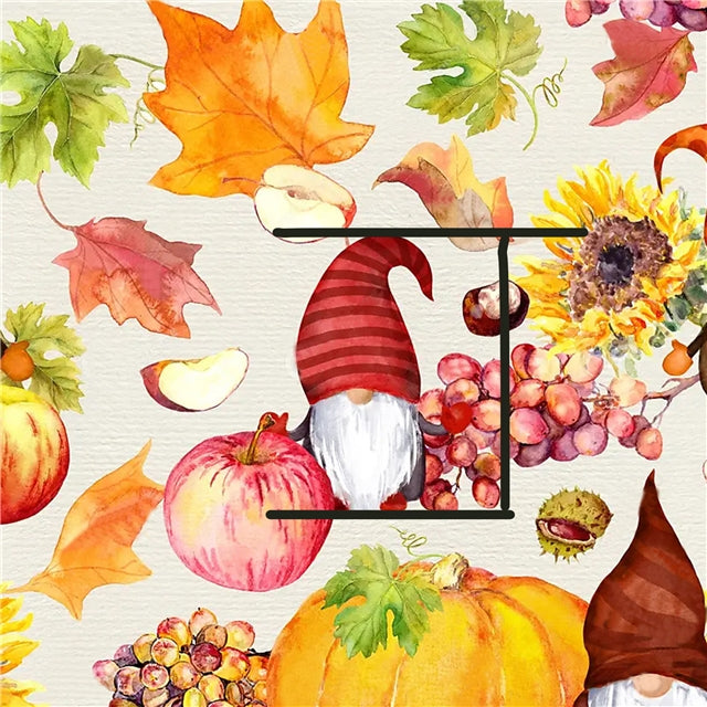 Fall Gnomes Print Litchi Printed Faux Leather Sheet Litchi has a pebble like feel with bright colors