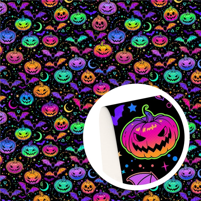 Halloween Pumpkins Fluorescent Litchi Printed Faux Leather Sheet Litchi has a pebble like feel with bright colors