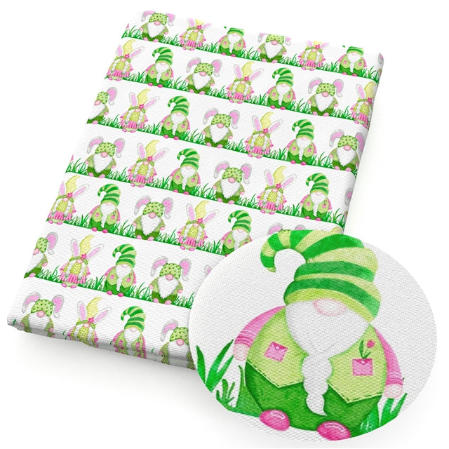 Easter Gnomes Litchi Printed Faux Leather Sheet Litchi has a pebble like feel with bright colors