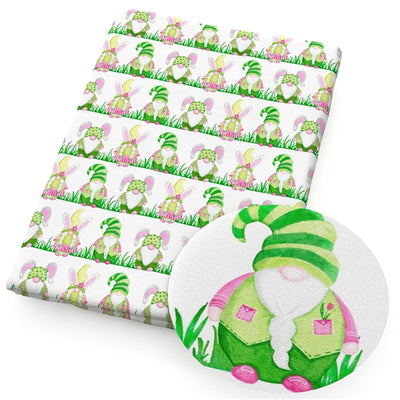 Easter Gnomes Litchi Printed Faux Leather Sheet Litchi has a pebble like feel with bright colors