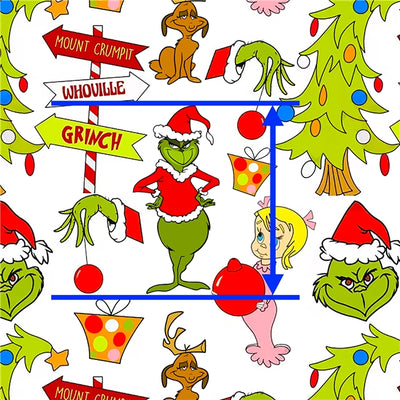 The Grinch Christmas Print Litchi Printed Faux Leather Sheet Litchi has a pebble like feel with bright colors