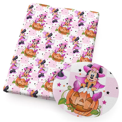 Minnie Halloween Pumpkins Litchi Printed Faux Leather Sheet Litchi has a pebble like feel with bright colors