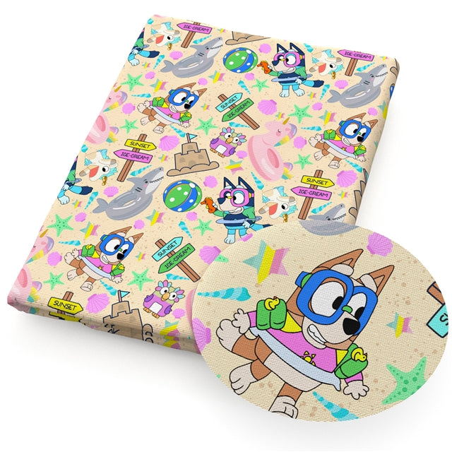 Bluey At The Beach Litchi Printed Faux Leather Sheet Litchi has a pebble like feel with bright colors