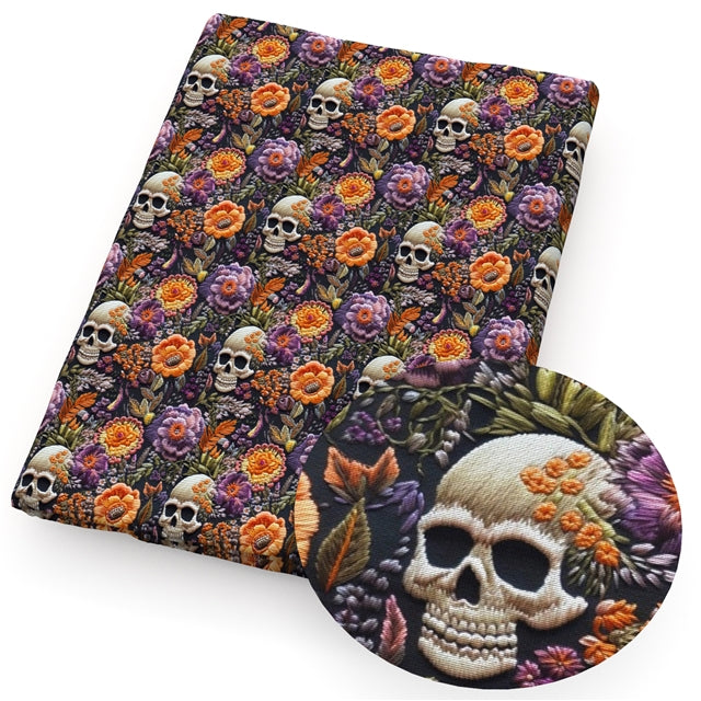 Skulls Flowers Litchi Printed Faux Leather Sheet Litchi has a pebble like feel with bright colors