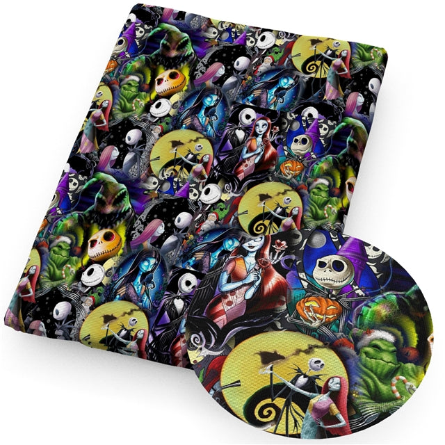 Nightmare Before Christmas Printed Faux Leather Sheet Litchi has a pebble like feel with bright colors